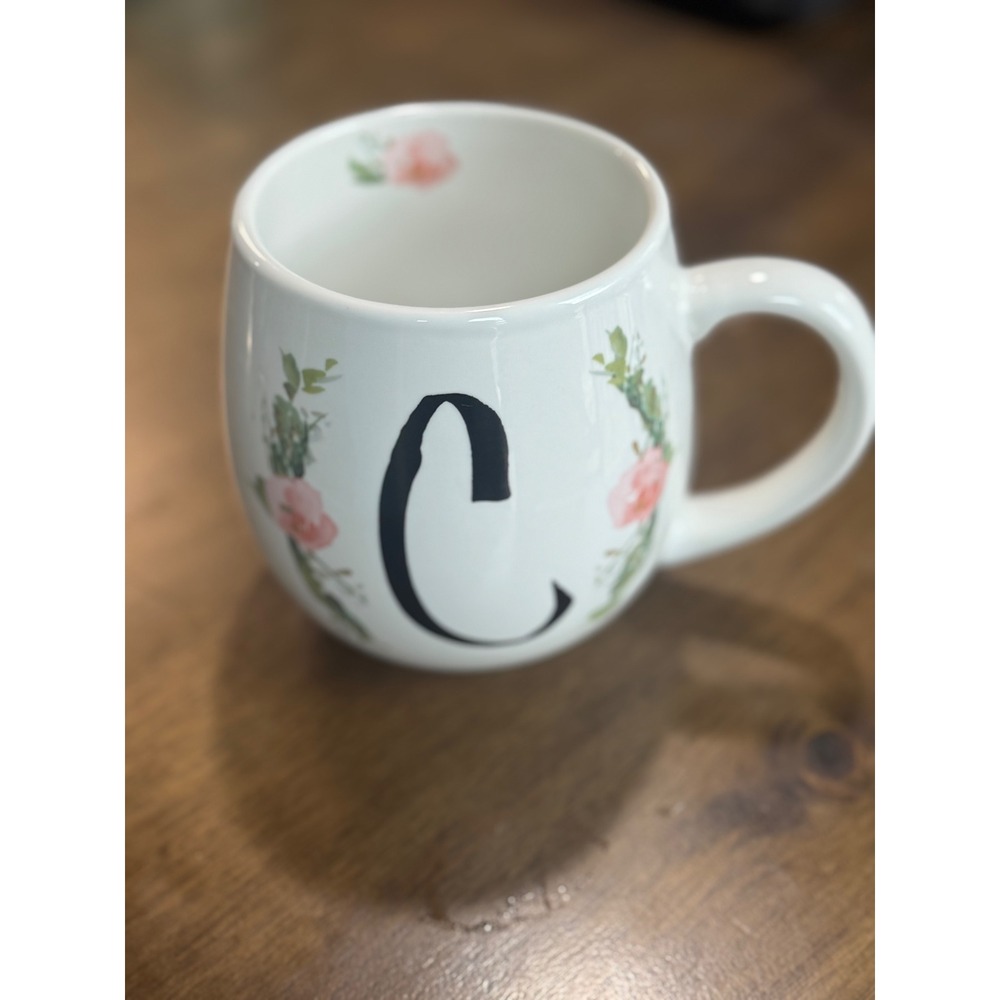 Prima Design Monogram Letter C Floral Coffee Mug White Pink Ceramic Tea Cup